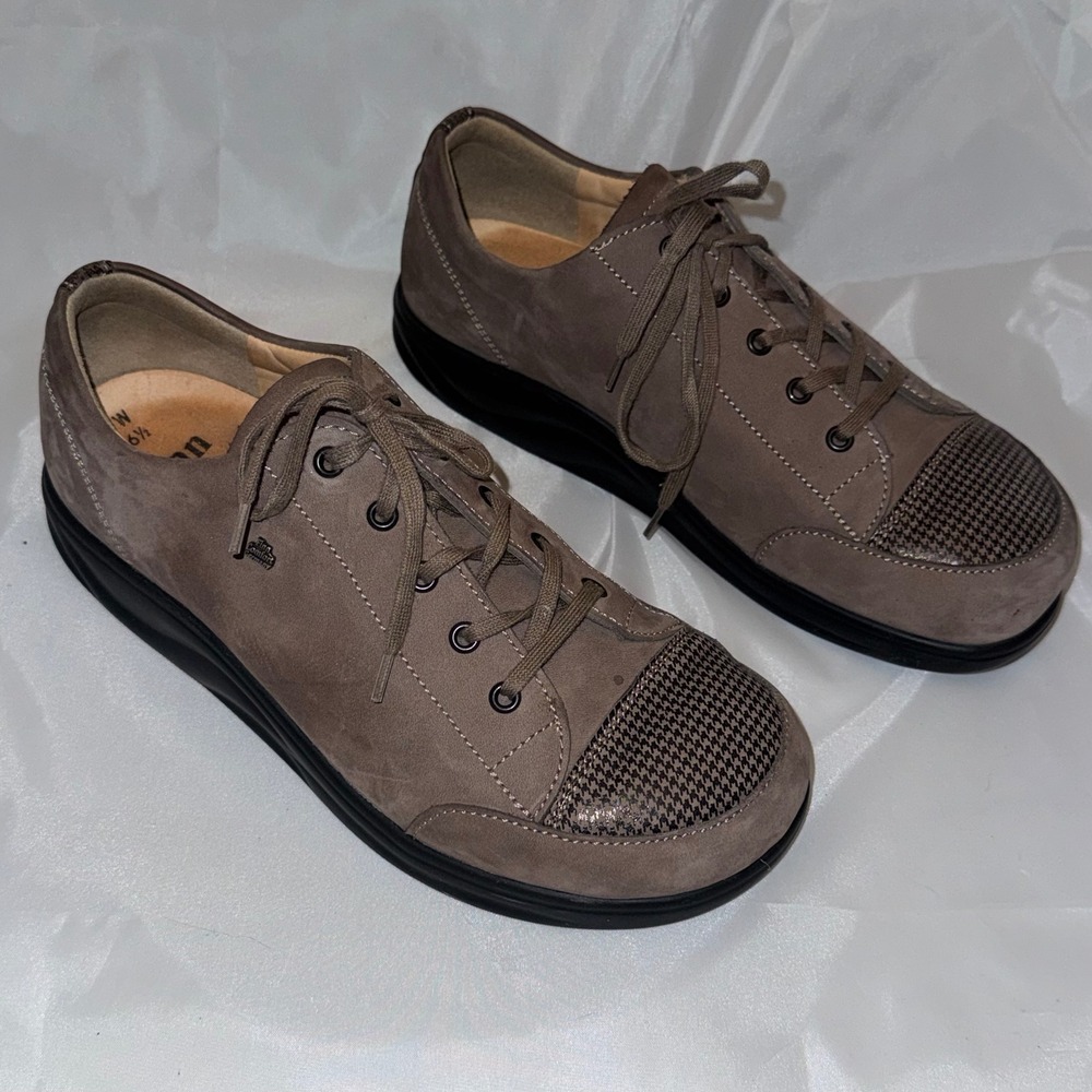 Finn Comfort Taupe Nubuck Houndstooth Kiltie Oxford Walking Shoes Women's 6.5W